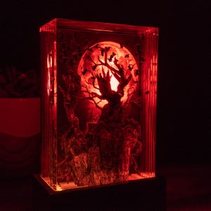 Crow Tree Halloween Resin Lamp Gift for Full Red Moon Epoxy Sculpture for Desk
