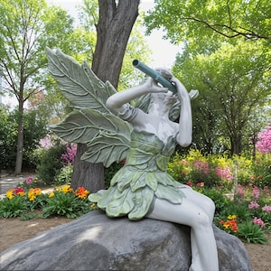Fairy Garden Statue with Flute | Sitting Fairy Yard Decor | Whimsical Resin Sculpture for Lawn, Patio, Flower Bed or Cottagecore Garden